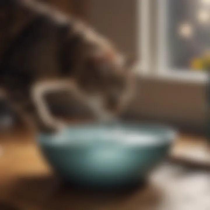 Cat interacting with non-spill water bowl