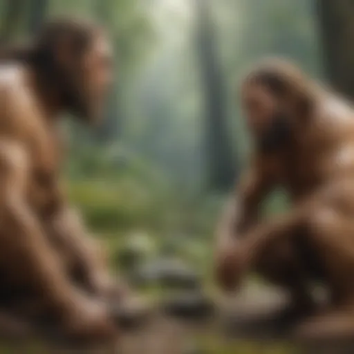 Illustration of Homo sapiens and Neanderthals in a shared habitat