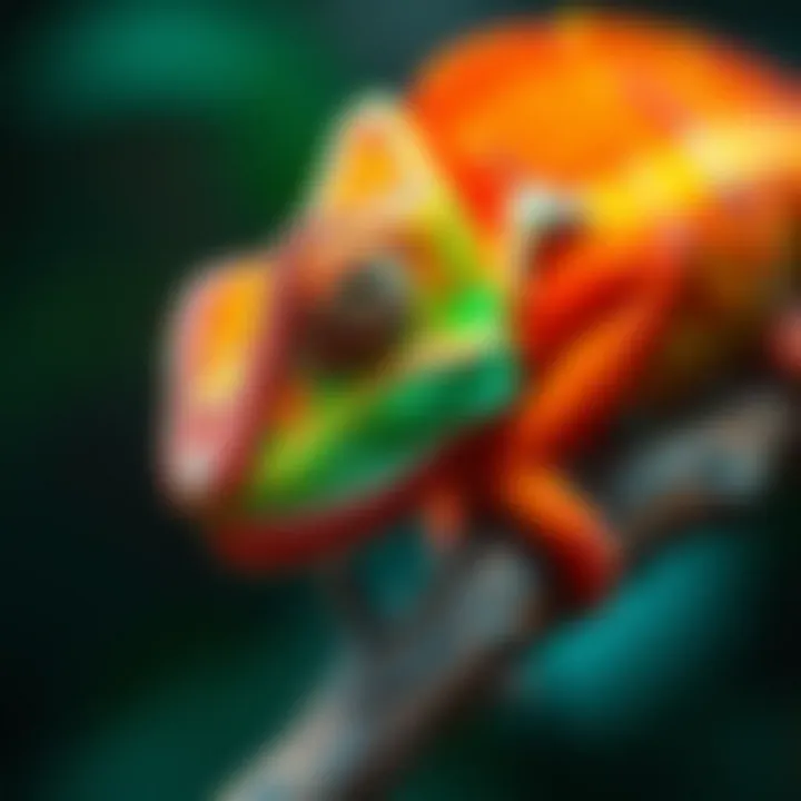A close-up of a chameleon changing colors on a branch