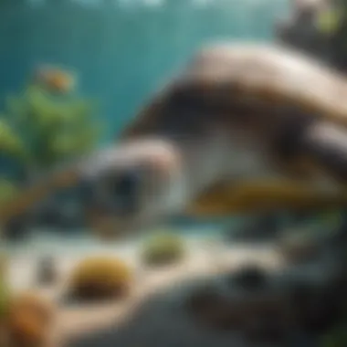An underwater scene showcasing the vibrant marine ecosystem surrounding green sea turtles
