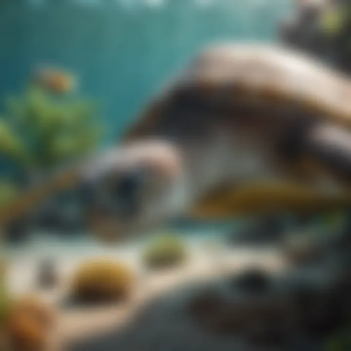 An underwater scene showcasing the vibrant marine ecosystem surrounding green sea turtles