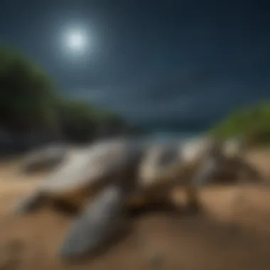 A group of green sea turtles nesting on a sandy beach under the moonlight