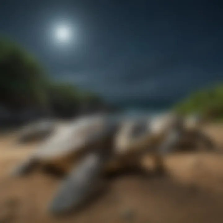 A group of green sea turtles nesting on a sandy beach under the moonlight