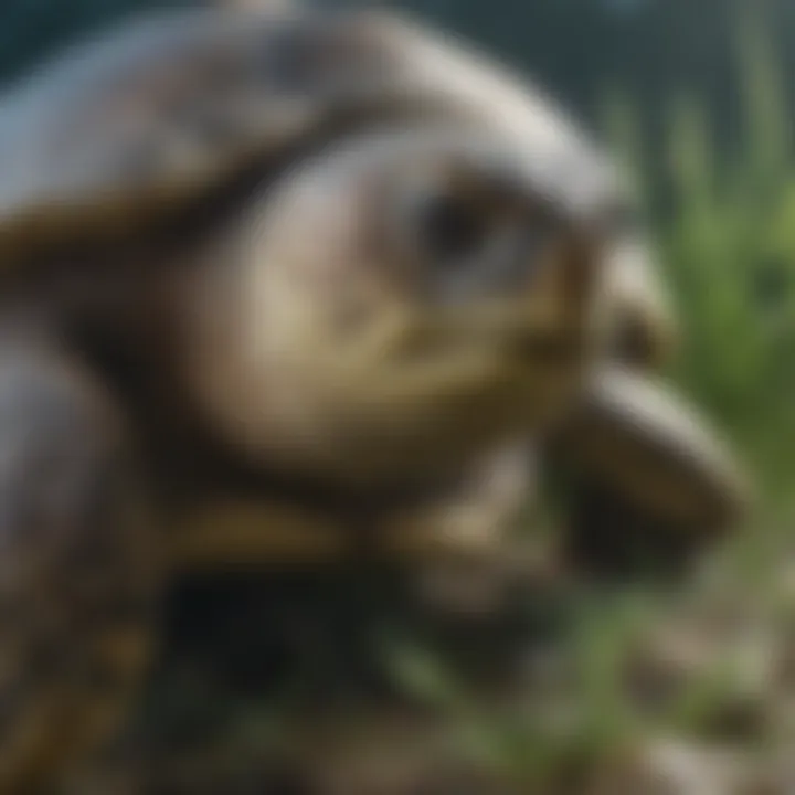 Close-up of a green sea turtle munching on seagrass