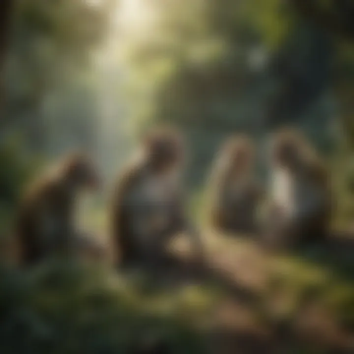 A group of monkeys interacting in a lush jungle setting