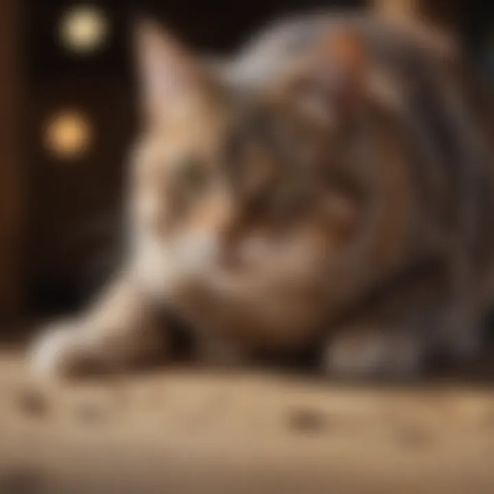 A female cat interacting playfully with her surroundings, exhibiting behavior