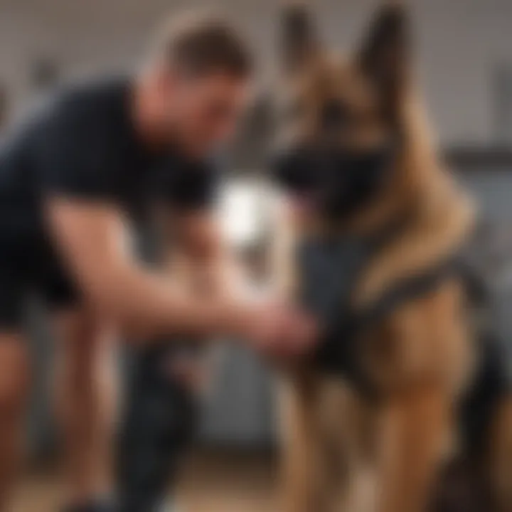 Owner fitting a knee brace on a German Shepherd