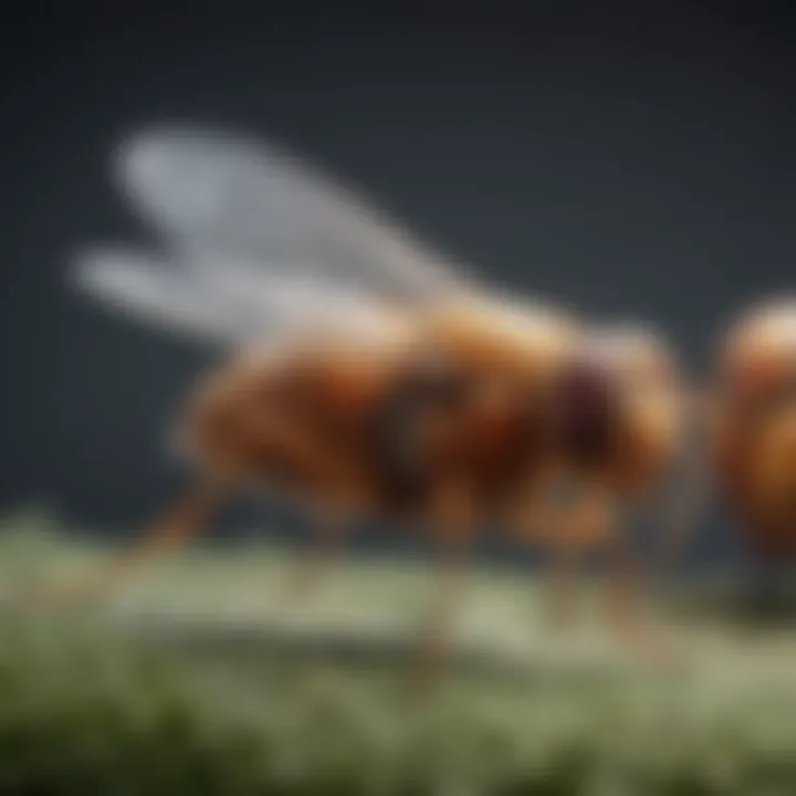 Fully developed adult fruit fly in flight