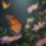 Butterfly hovering over a blooming flower