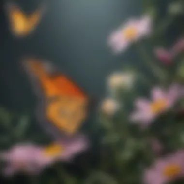 Butterfly hovering over a blooming flower