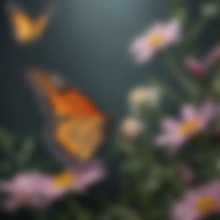 Butterfly hovering over a blooming flower