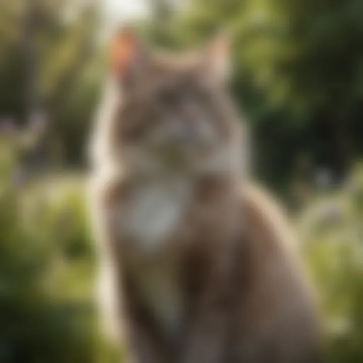 Maine Cat with fluffy coat in a serene garden