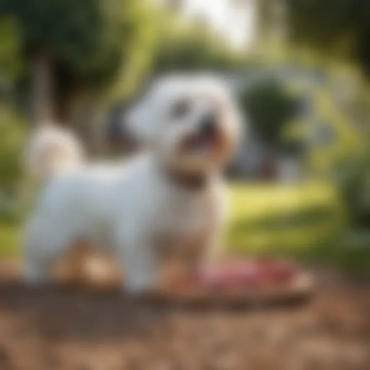 A Maltese dog enjoying a raw meat meal in a sunny garden.