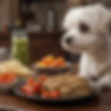 A Maltese dog transitioning to a raw diet with various food options displayed.