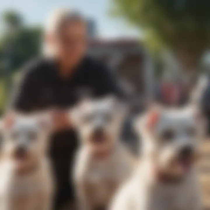 A dedicated volunteer engaging with Maltese dogs at a rescue event.