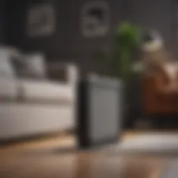 A sleek air filter in a modern living room setting