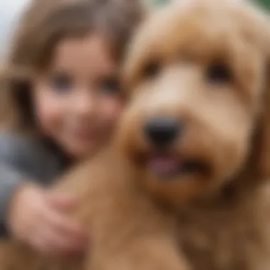 Mini Goldendoodle cuddled up with a child, showcasing their gentle nature