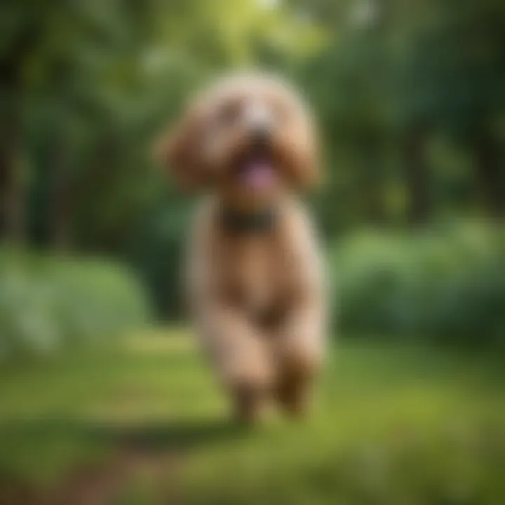 Mini Goldendoodle playing fetch in a lush green park