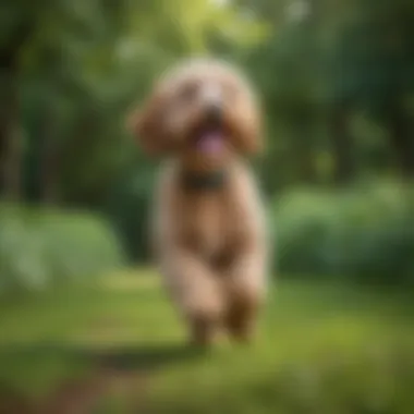 Playful Mini Goldendoodle in Nature Mini Goldendoodle playing fetch in a lush green park