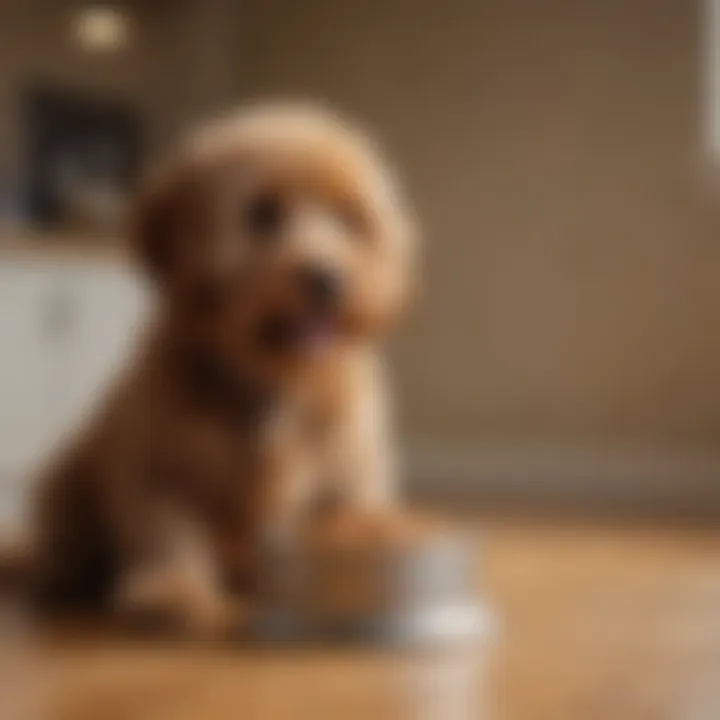 Mini Goldendoodle exploring a nutritious dog food bowl