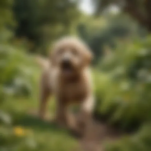 A playful Miniature Golden Doodle in a lush garden setting