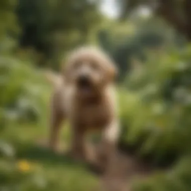 Playful Miniature Golden Doodle A playful Miniature Golden Doodle in a lush garden setting