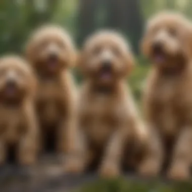Friendly Gathering of Miniature Golden Doodles Miniature Golden Doodles of varying colors sitting together, displaying their friendly nature