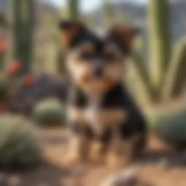 Morkie puppy playing among cacti in Arizona