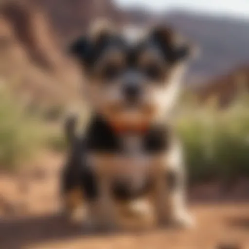 Elegant Morkie puppy in a blooming desert landscape