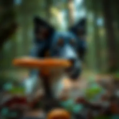 A dog sniffing a mushroom in a forest setting
