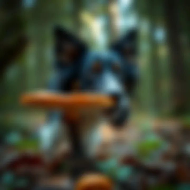 A dog sniffing a mushroom in a forest setting