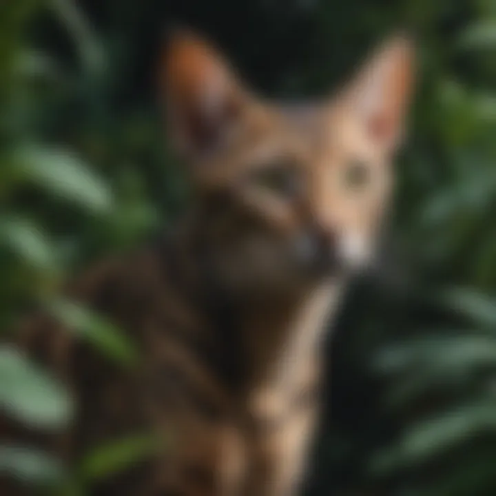 Mysterious Savannah Cat Peering Through Foliage