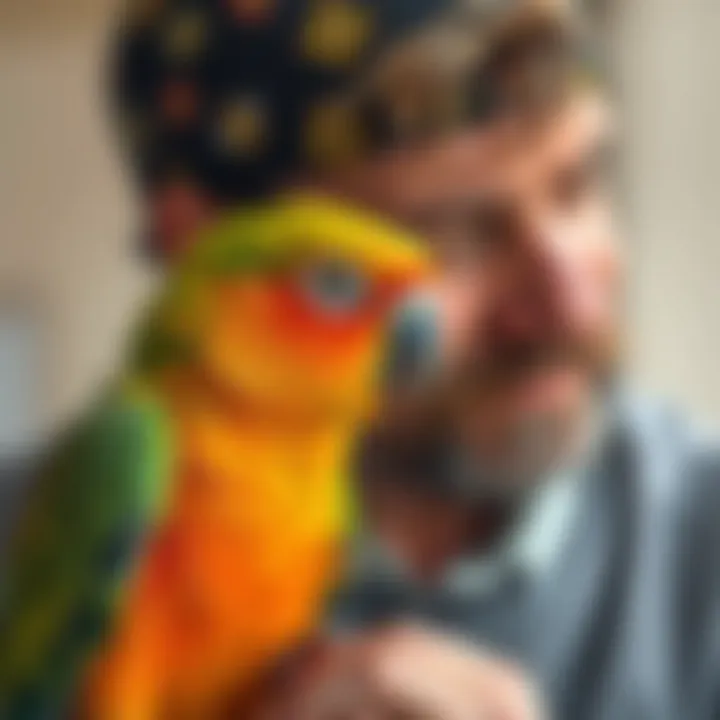 Promoting Responsible Bird Ownership Through Insurance A close-up of a bird owner lovingly interacting with their pet, highlighting responsible ownership.