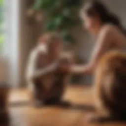 A playful monkey engaging with its owner in a home setting