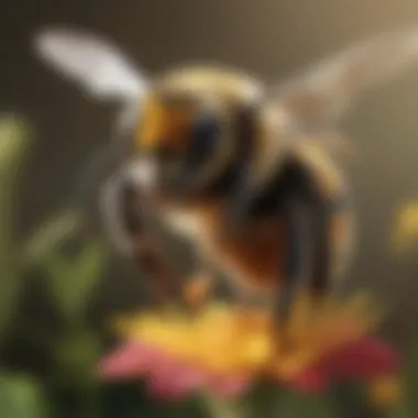 Artistic depiction of bumble bee collecting nectar from a flower