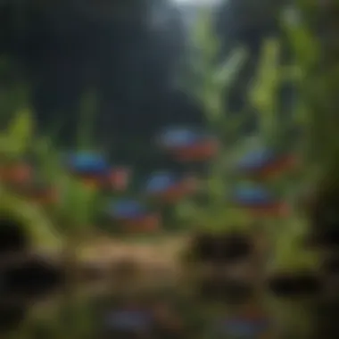 School of Neon Tetras swimming in a planted aquarium