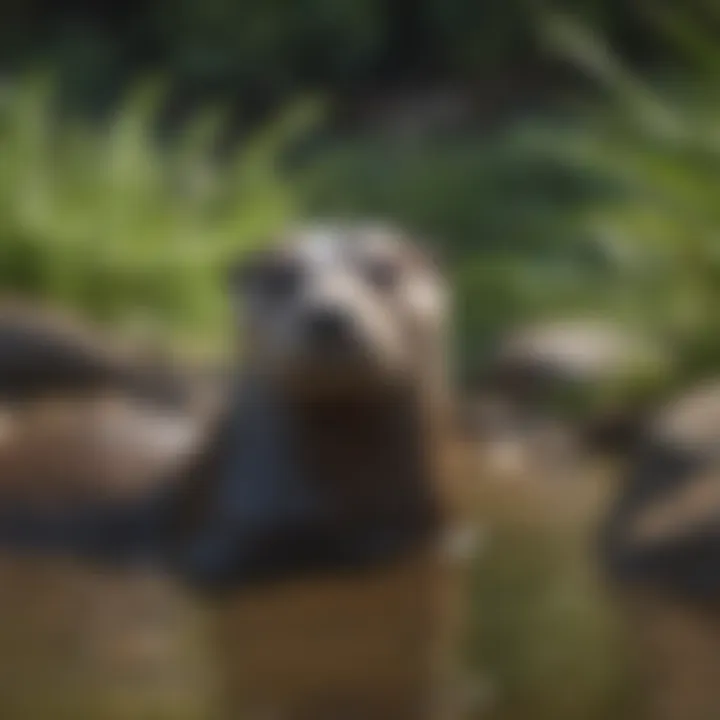 North American river otter peeking curiously from behind a lush riverbed