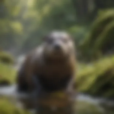 North American river otter playfully sliding down a moss-covered riverbank