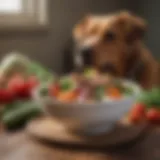 A bowl filled with fresh vegetables and lean meat for dogs