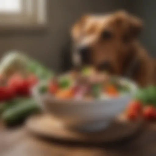A bowl filled with fresh vegetables and lean meat for dogs