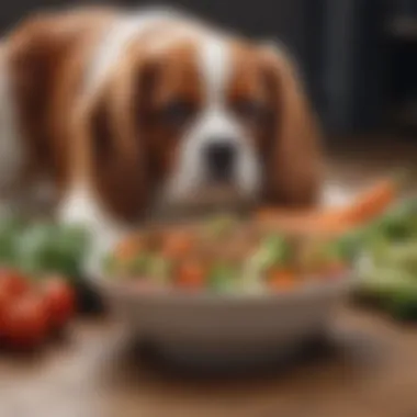 A dog bowl filled with kibble and fresh vegetables