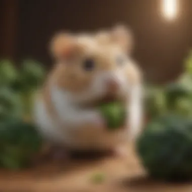 Dwarf hamster enjoying fresh broccoli snack