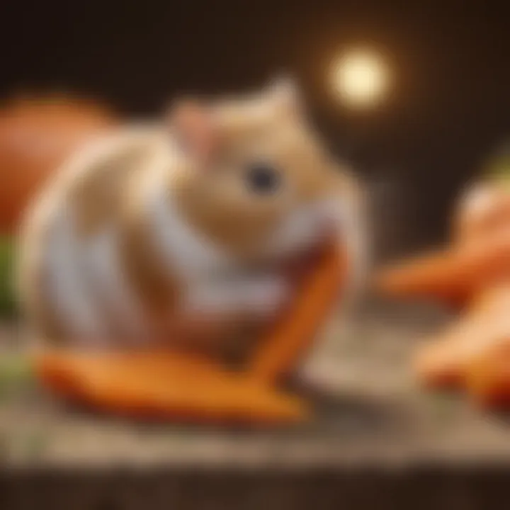 Dwarf hamster nibbling on a carrot slice