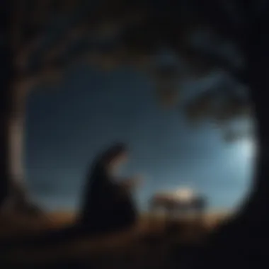 Mysterious silhouette of a figure reading an Oak English manuscript under moonlight