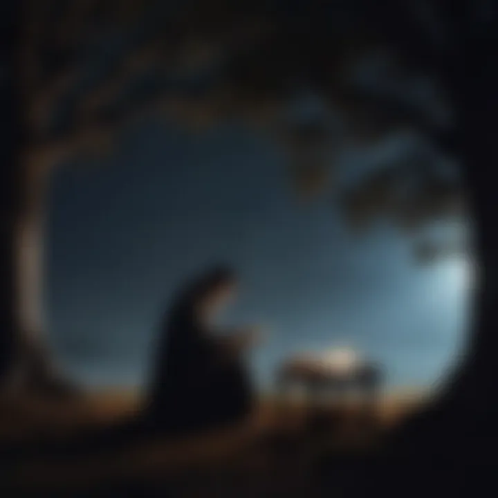 Mysterious silhouette of a figure reading an Oak English manuscript under moonlight