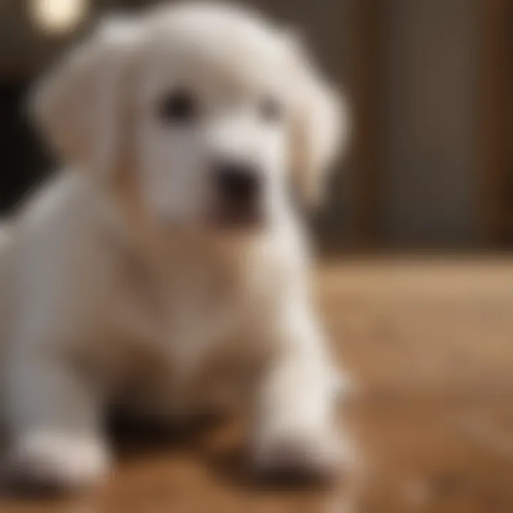 White Golden Retriever Puppy obediently learning new tricks