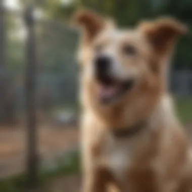 Happy dog playing in a fenced area