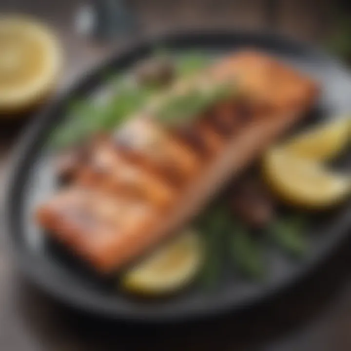 Plate of grilled salmon with lemon and herbs