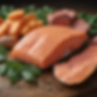 A vibrant illustration of a variety of wholesome ingredients like salmon, sweet potato, and spinach