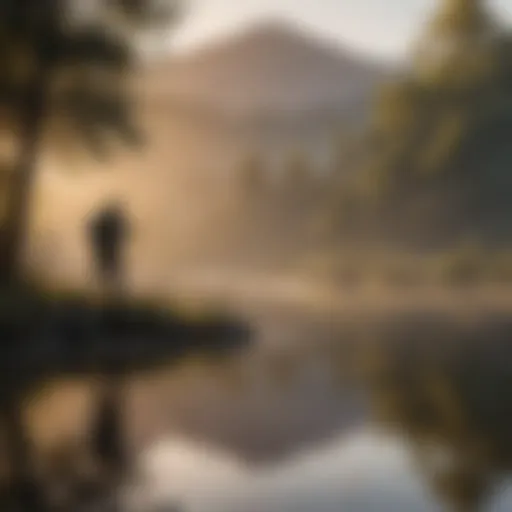 An angler casting a line at dawn with a serene lake in the background